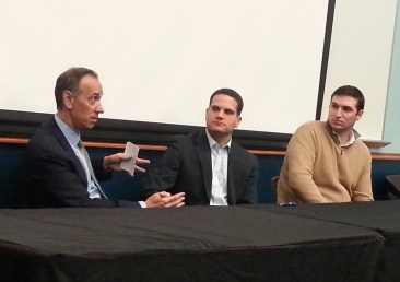 (Left to right) Amante, Sharrow and Sigmon discuss the role of media partnerships in investigative journalism. Amante shared his own experiences with broadcast partners and the importance of holding all parties accountable, regardless of partnerships. (Photo by: Marcus Dieterle/TU Student) 